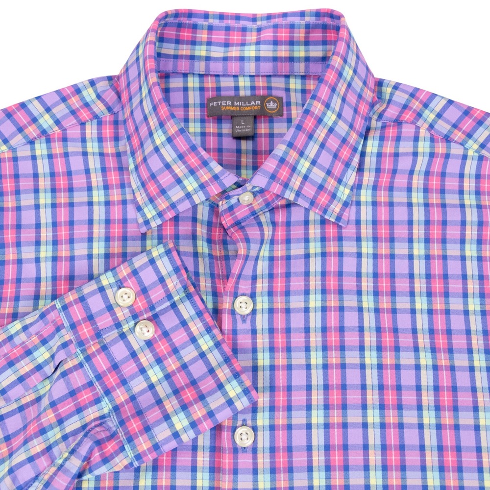 Peter Millar Summer Comfort Shirt Mens Large Purple Pink Plaid Nylon Blend Golf